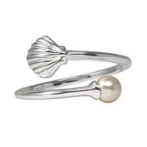 Wind & Fire Shell w/Crystal Pearl Ring Cuff Silver