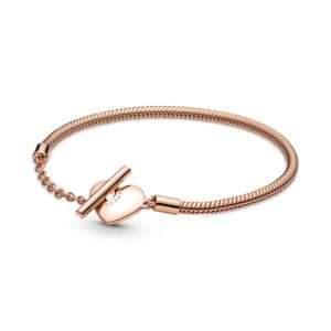 Pandora Moments Heart T-Bar Snake Chain Bracelet, Rose Gold Plate