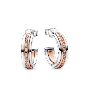 Pandora Signature Two tone Logo & Pavé Hoop Earrings