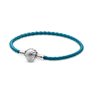Pandora Moments Seashell Clasp Turquoise Braided Leather Bracelet