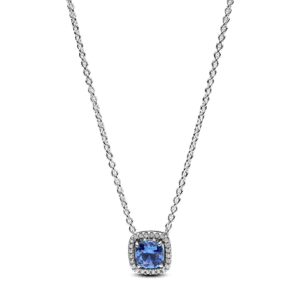 Sparkling Square Blue Halo Pendant Necklace